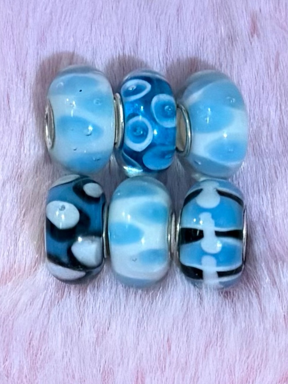 6 Blue and White Glass Murano Spacer Bead Set $10 each